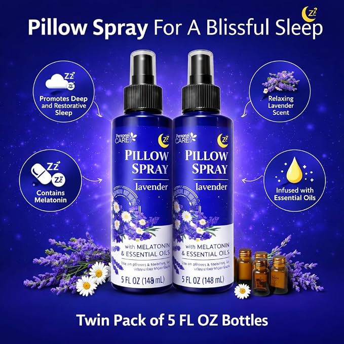 Lavender Pillow Spray with Melatonin & Essential Oils – Aromatherapy Mist for Bedtime Relaxation – Calming Lavender Scent – Linen Spray – 5 oz Bottles (Pack of 2)