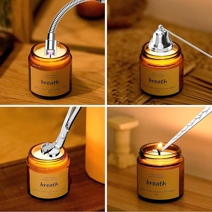 5 in 1 Candle Accessory Set,Candle Wick Trimmer Cutter,Candle Wick Dipper,Candle Wick Snuffer,Rechargeable Candle Lighter,Tweezers,Stainless Steel Candle Care Kit Home Gift for Aromatherapy