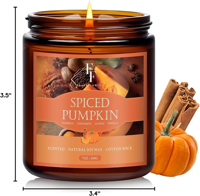 Fall Candle, Spiced Pumpkin Scented Candles for Home, Natural Soy Autumn Candle Aromatherapy Candle, 7 oz Jar Candles Fall Gifts for Women Men