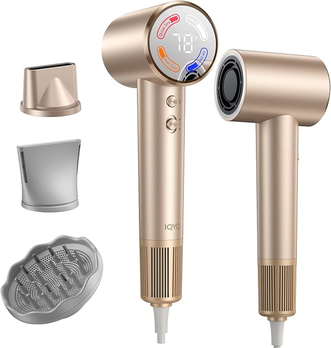 Hair Dryer with Diffuser, Grip-Sensor On/Off High-Speed Blow Dryer for Fast Drying, Ionic Hair Dryer 110000 RPM 1400W 200M for Frizz Reduce, Low Noise Thermo-Control Curly Hair Women Champagne