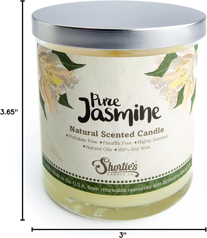 Pure Jasmine Scented Natural Soy Candle, Essential Fragrance Oils, 100% Soy, Phthalate & Paraben Free, Clean Burning, 9 Oz.