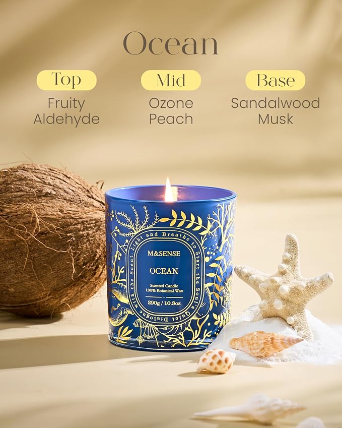 M&SENSE Ocean Breeze Soy Candle, Coastal Relaxation 55H Gift | Ocean Air Purifying, Clean Soy Wax Long Burning, Summer Beach Escape For Rooms, Stress Relief Bathtub, Reusable Matte Jar
