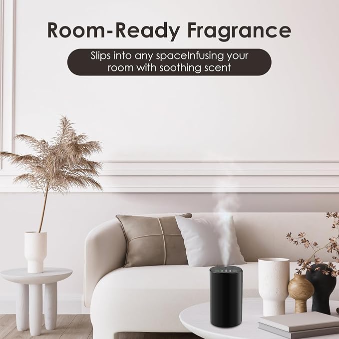 Waterless Diffuser Kit with 4 x 20mL Hotel Fragrance Oil (L-Black) | Aluminum alloy, battery powered, 7-color LED,4 timer and 3-level fog settings