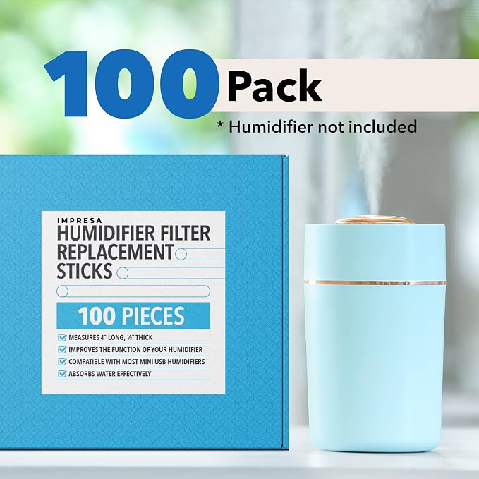 IMPRESA Humidifier Refill Sticks - 4 in x 0.3 in, Pack of 100 - Fast Soak Porous Absorption with Cotton Filter Sticks - Universal Fit & Filter for Mini Humidifier & Diffuser