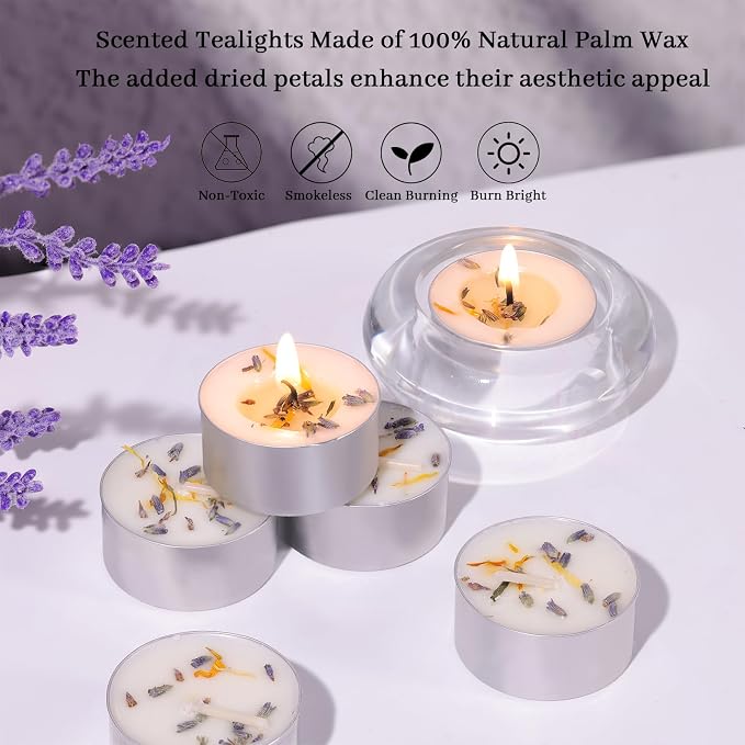 16 Pcs Lavender Scented Tealight Candles, 6H Long Burning - 100% Palm Wax Based Scented Tea Lights with Dried Flowers, Non-Toxic/Smokeless Scented Tea Lights Candles for Spa, Bath, Wedding