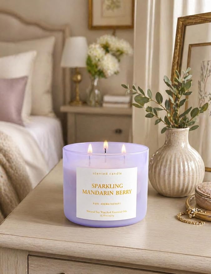 Sparkling Mandarin Berry 3-Wick Soy Summer Scented Candle for Home, 15.8oz | Grapefruit, Peach, Raspberry & Strawberry Notes, Fresh Citrus, Clean Burn, Bright Uplifting Scent, Gift for Women & Men