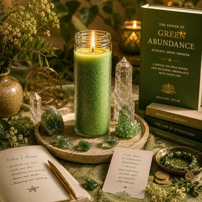 Green Abundance Manifestation Candle Kit – 8" Ritual Prayer Candle with Intention Scrolls, Pencil & QR Guide for Prosperity, Wealth, Success & Abundance
