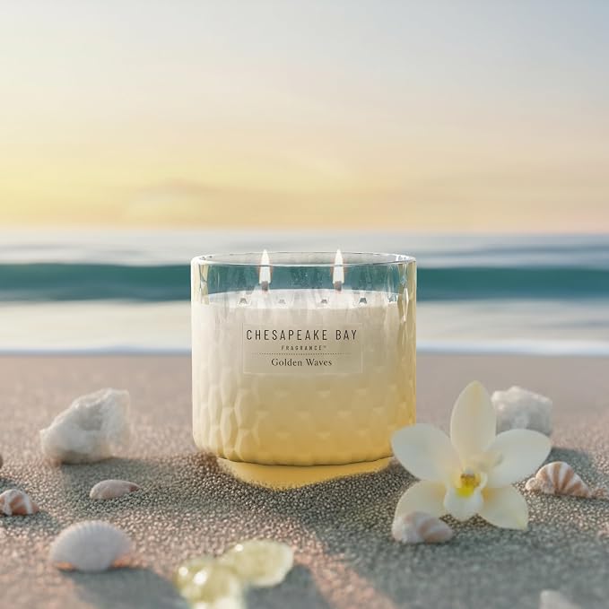 Chesapeake Bay, 11oz Golden Waves Scented Candle, Mood Evoking Fragrance, Textured Sea Glass-Inspired Jar, Premium Soy Blend Wax with Essential Oils, Coastal Fragrance for Home Décor or Gifting