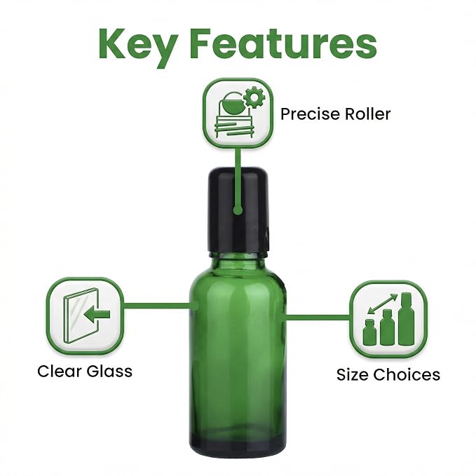 erioctry 6PCS 20ml Empty Green Glass Essential Oil Roller Bottles Portable Roll on Perfume Bottles with Stainless Steel Ball Black Cap Vial Container