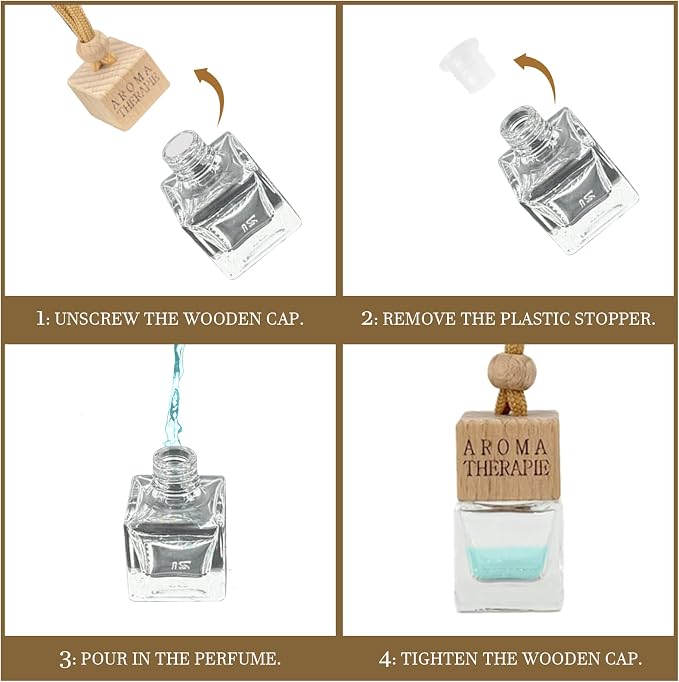 4-Pack Refillable Car Air Freshener Hanging Diffuser Empty Glass Bottle with Wooden Cap & Reed Sticks Essential Oil Aromatherapy Pendant Drift Car Fresheners for Women Men-Car Accessories
