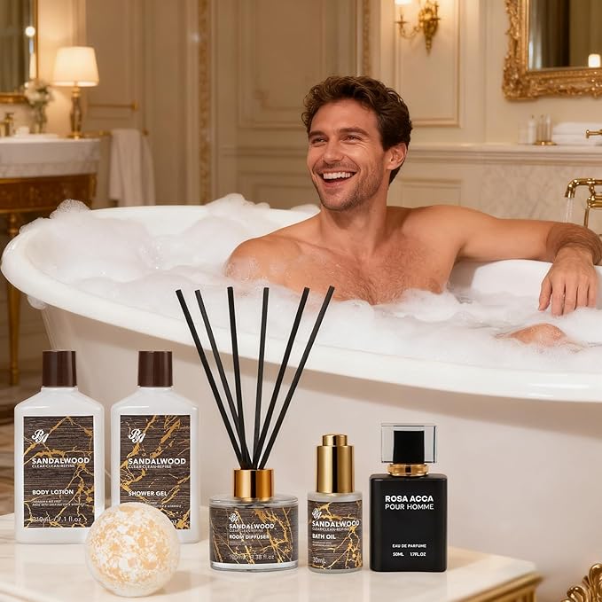36 Pcs Sandalwood Bath & Body Gift Basket for Men, Father's Day Gifts, Beard Grooming Set, Face Skin Care Kit, Men Home Spa Gift Basket, Bath Bomb, Birthday, Valentines, Christmas, Dad, Anniversary