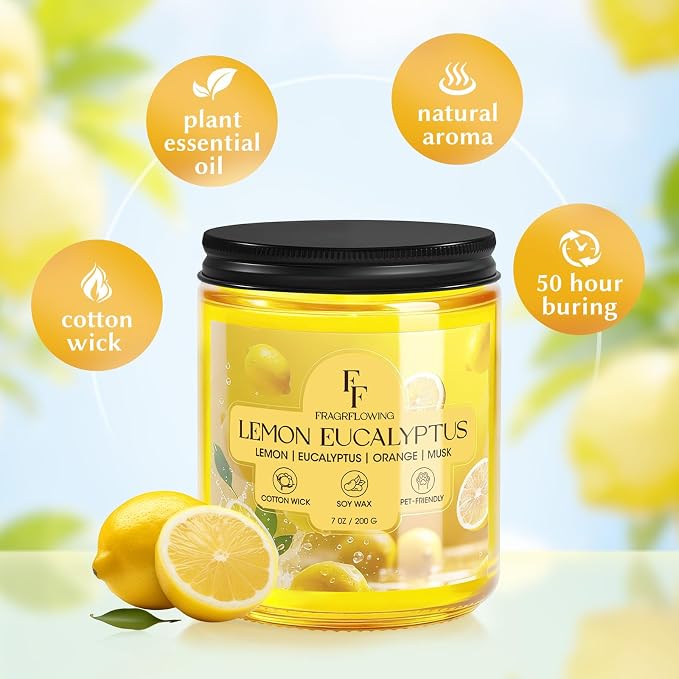 Lemon Eucalyptus Scented Candle, Natural Soy Wax Jar Candle for Home Scented, 100-Hour Burn Time Gifts for Women Men, 7 oz (2 Pack)