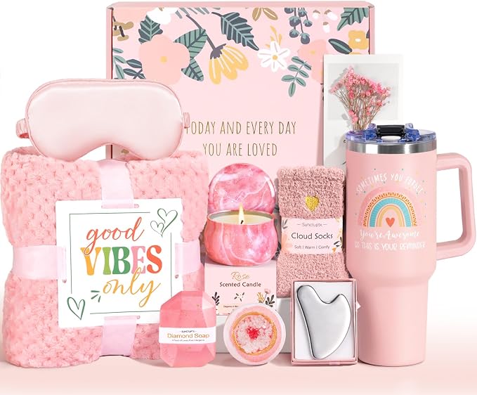 Suhctuptx Birthday Gifts for Women, Unique Self Care Gifts Get Well Soon Basket, Christmas Relaxing Spa Gift Care Package w/Flannel Blanket 40 oz Tumbler, for Mom Her Sister Friend