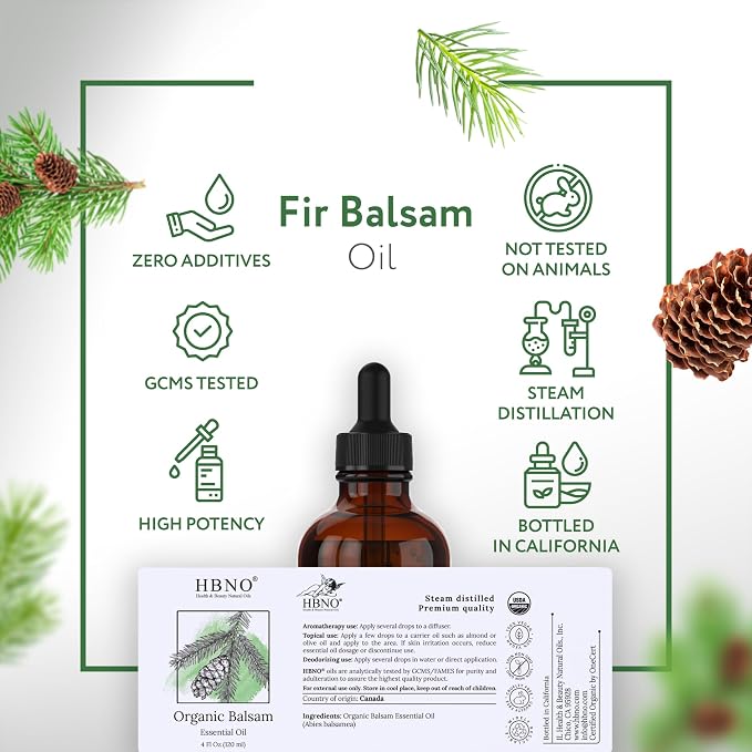 HBNO Organic Fir Balsam Essential Oil - Huge 4 oz (120ml) Value Size - USDA Certified Organic Fir Balsam Oil, Perfect for Aromatherapy, Soap Making, DIY, Fragrances, Diffuser