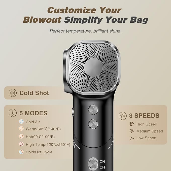 Dual Voltage Travel Hair Dryer with Diffuser, 1900W Professional High-Speed Ionic Blow Dryer for Fast Drying, Lightweight, No Heat Damage, Global Use 110V-240V