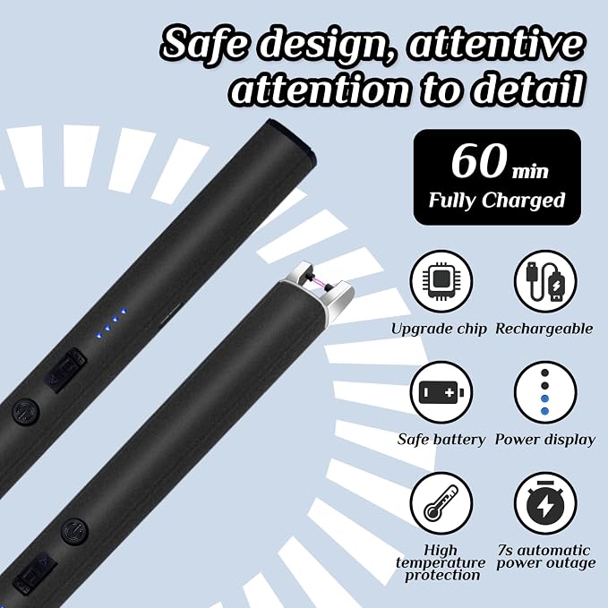 2 PCS Candle Lighter,Windproof Flameless Electric Lighter with LED Power Display ＆ Safety Switch, Upgraded Plasma USB Rechargeable Lighters for Birthday Camping BBQ (Black)