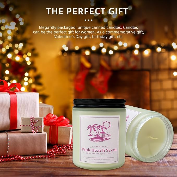 Pink Beach Scented Candle, 9 oz Natural Soy Candles for Home Scented, 50 Hour Burn Time, Home Decor Gift for Women, Friends, Family