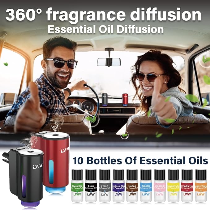 Car Air Freshener Diffuser, Portable Intelligent Car Aroma Diffuser with 3 Adjustable Modes, Rechargeable Car Aromatherapy Machine,Travel Essentials Gifts for Women Men, Long-Lasting (10Scents)