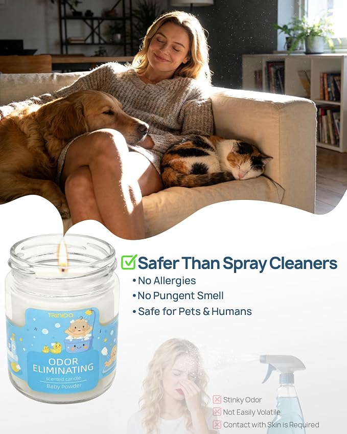 TRINIDa Baby Powder Odor Eliminating Candles for Home Scented, Eliminates 99% of Pet, Smoke, Food and Other Smells Quickly, Highly Fragranced Candle, Premium Soy Candles Set for Women