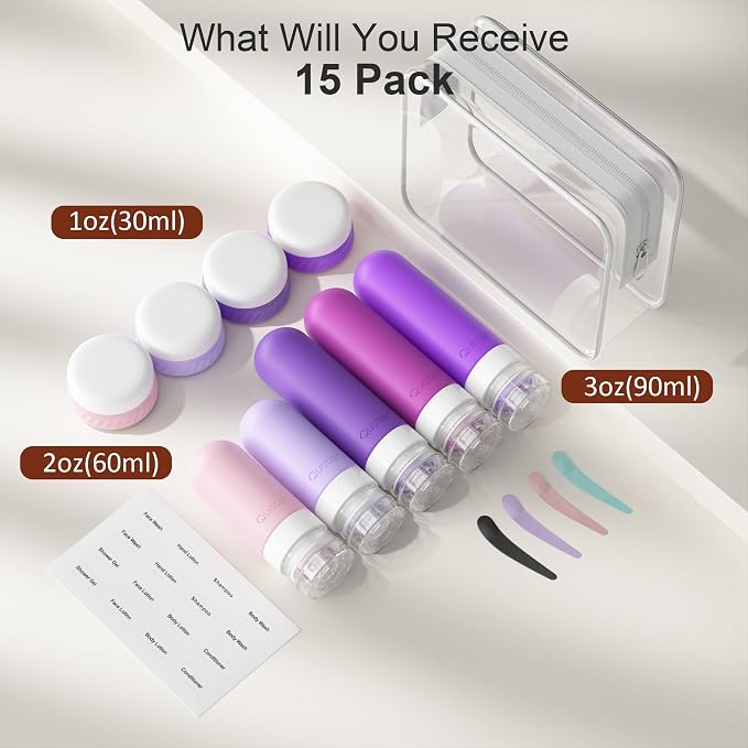 Quatish 15 Pack Travel Bottles for Toiletries, Original Patented, TSA Approved Travel Size Containers, Leak Proof Silicone Shampoo and Conditioner Bottles Women & Men, Airplane Essentials, Purple