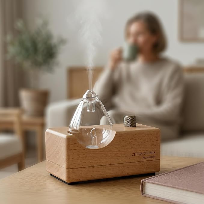 Waterdrop Glass Essential Oil Diffuser with Handmade Wood Base for Aromatherapy, Waterless Scent Diffuser for Yoga Home Office, Portable & Cordless Oil Nebulizer with LED & Timer, Gift of Fragrance