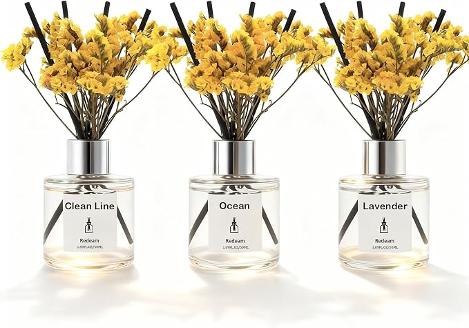 Reed Diffuser Set of 3 Pack, Linen Ocean Lavender Scented Oil Diffuser with 5 Sticks, Reed Diffuser for Home, Bathroom, Bathroom Air Freshener 1.7 FL.oz Each