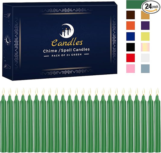 Kunrsug 24 Pack Green Spell Chime Candles – Premium Mini Unscented Taper Candles for Rituals, Prayer, Birthdays, Meditation, Altar, Spells, Chime Candles - 4 Inch Tall - Ideal for Witches