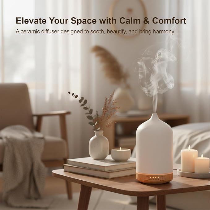 Ceramic Essential Oil Diffuser, 250ml Aromatherapy Humidifier & 7 Color-Changing Night Light with Auto Shut-Off, 1H/3H/5H Timer Ultrasonic Cool Mist Quiet Operation for Home, Office, Yoga