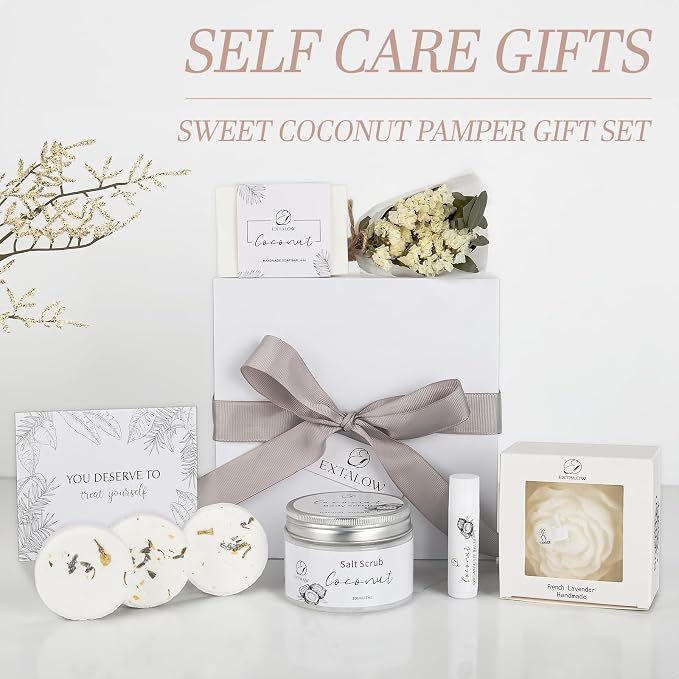 EXTALOW Spa Gifts for Women Bath and Body Gift Baskets Bridal Shower Gifts Coconut Lavender Home Spa Set Self Care Gift for Mom Sister Her Wife Birthday Gifts Spa Kit Care Package Thank You Gift