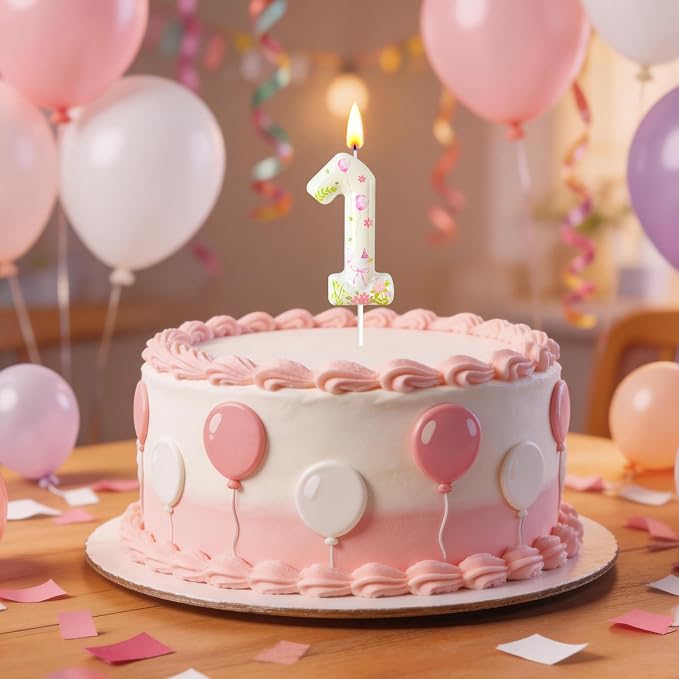 Number 1 Birthday Candle for Cake – Goose Inspired Design with Floral, Balloon & Leaf Details – Farm Theme Cake Topper for Birthday Party Decoration