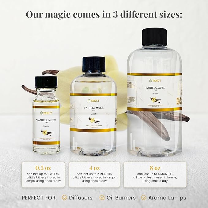YANCY Vanilla Musk Home Collection Fragrance Oil (8 oz), Luxurious Vanilla and Musk Scent, Warm Fragrance for Diffusers, Oil Burners & Aroma Lamps, Cozy Scent for Relaxing Home Spaces