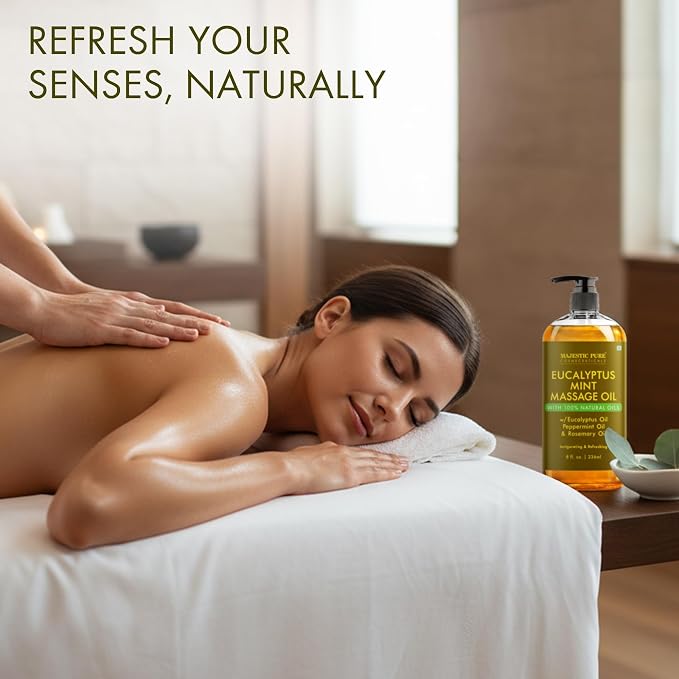 MAJESTIC PURE Eucalyptus Mint Massage Oil for Massage Therapy - Refreshing, and Relaxing - Natural Oils with Eucalyptus Essential Oil - for All Skin Types - Men and Women Massage Lotion- 8 fl oz