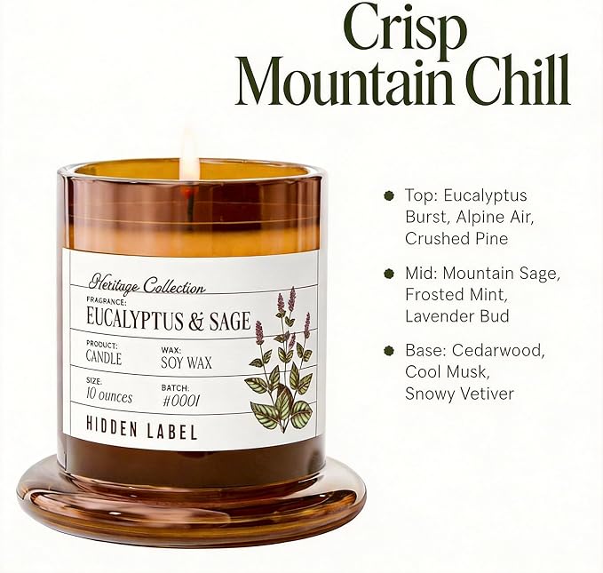 Eucalyptus & Alpine Sage Candle, 10oz Non Toxic Soy Candle in Clear Bell Jar, 55-Hour Clean Burn | Mountain Fresh Aromatherapy, Laboratory Aesthetic Home Décor, Luxury Gift for Clean Living