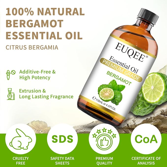 EUQEE Bergamot Essential Oil 118ml Pure Bergamot Oil for Aromatherapy, Diffuser, Sopa Candle Making, Large Bottle with Gift Box -4 fl.oz