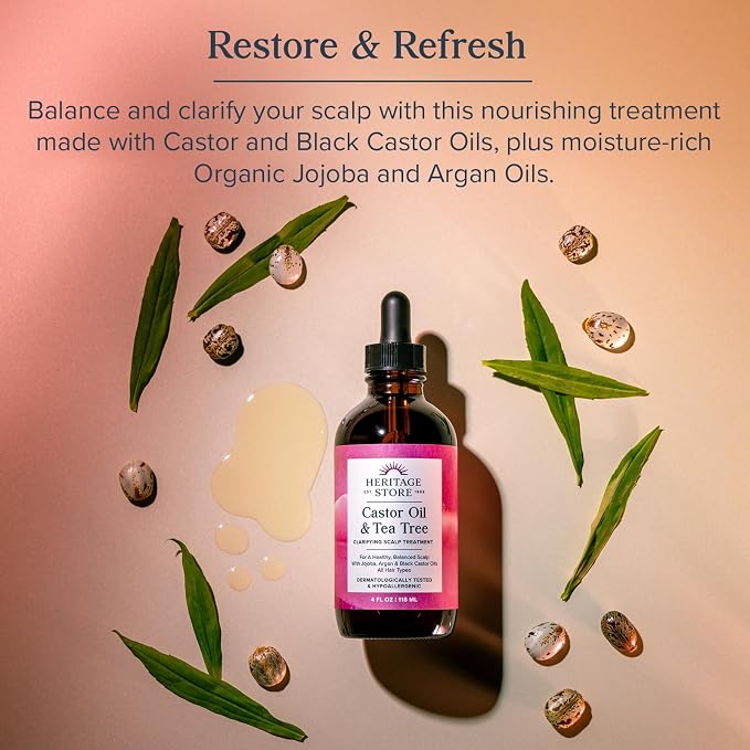 HERITAGE STORE Castor Oil & Tea Tree Oil Clarifying Scalp Treatment - Hair and Scalp Oil - w/Black Castor Oil, Organic Castor Oil, Jojoba Oil, Argan Oil - Hypoallergenic, Vegan, 60-Day Guarantee, 4oz