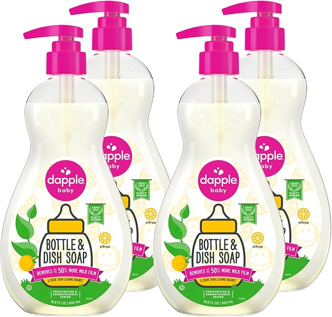 Dapple Baby Fresh Citrus Bottle & Dish Soap - (4 Pack) 16.9 fl oz - Cleans Baby Bottles, Sippy Cups, Pacifiers, Breast Pumps, & More - Gently Removes Milk Film & Odors - Includes 1 Pump