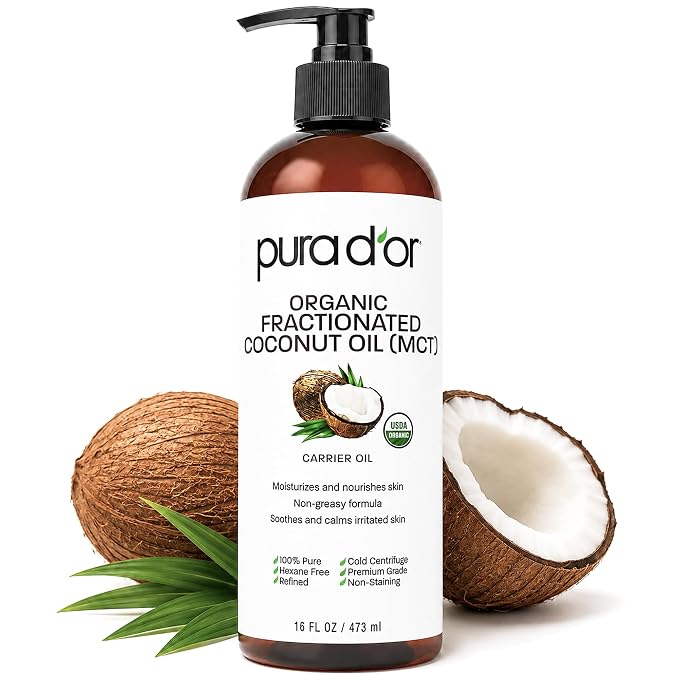 PURA D'OR ORGANIC Fractionated Coconut Oil MCT Oil (16 Oz) 100% Pure & Natural USDA Certified
