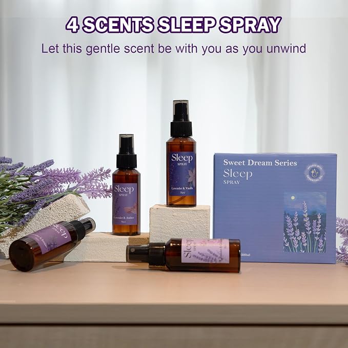 SCENTORINI Sleep Spray, 10.14 oz Calming Lavender Spray for Sleep, Lavender Essential Oil, 4 Pack Relaxing Aromatherapy Pillow Mist for Bedding Fabric, Room Spray Air Freshener