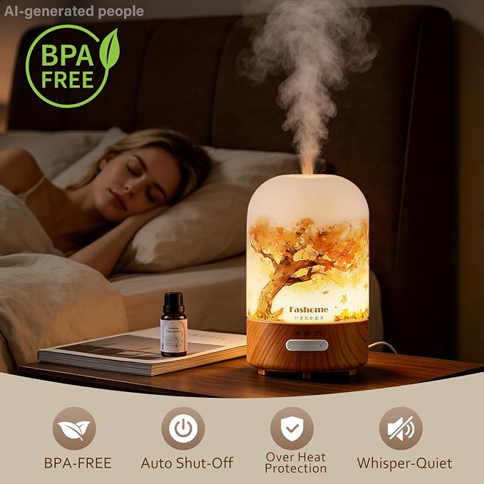 Essential Oil Diffuser, Hand Blown Glass Aromatherapy Diffuser, Ultrasonic Cool Mist Scent Aroma Humidifier, Diffuser Oil Machine Whisper Quiet with Auto Shut-Off for Home Bedroom Office(<25dB)