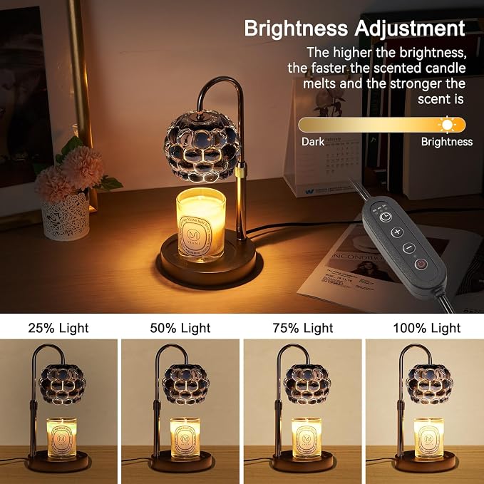 Candle Warmer Lamp with Timer Adjustable - Height Candle Warmer, Dimmer, Black Glass Wax Melting Lamps for Home Decor, for Candles in Jars with 2 Bulbs