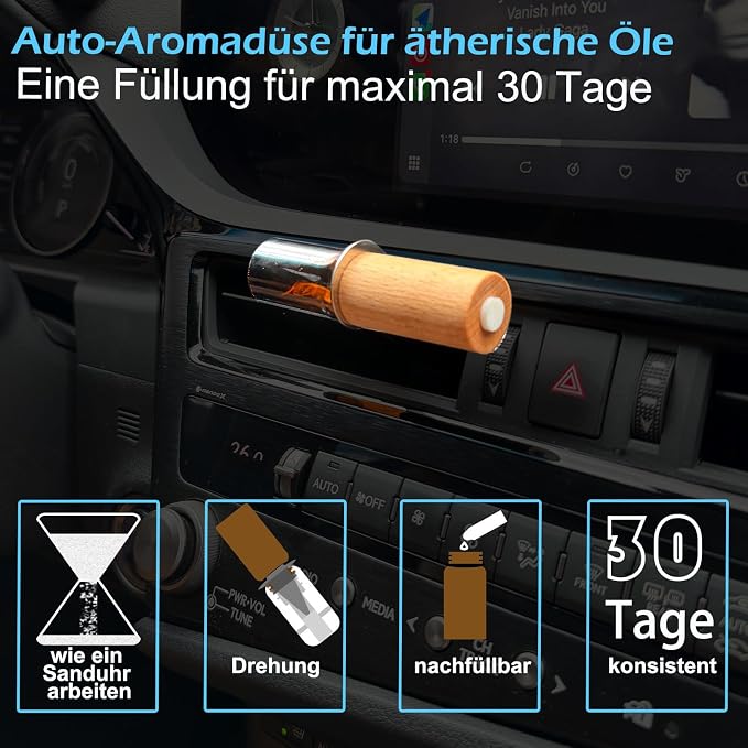 Refillable Car Essential Oil Diffuser with Lemon Oil (10ml), 30 Days’ Vent Clip Air Freshener Commuter Aromatherapy Non-toxic Strong Natural Fragrance Odor-fighting Fresh Scent for Women Men (1 Set)