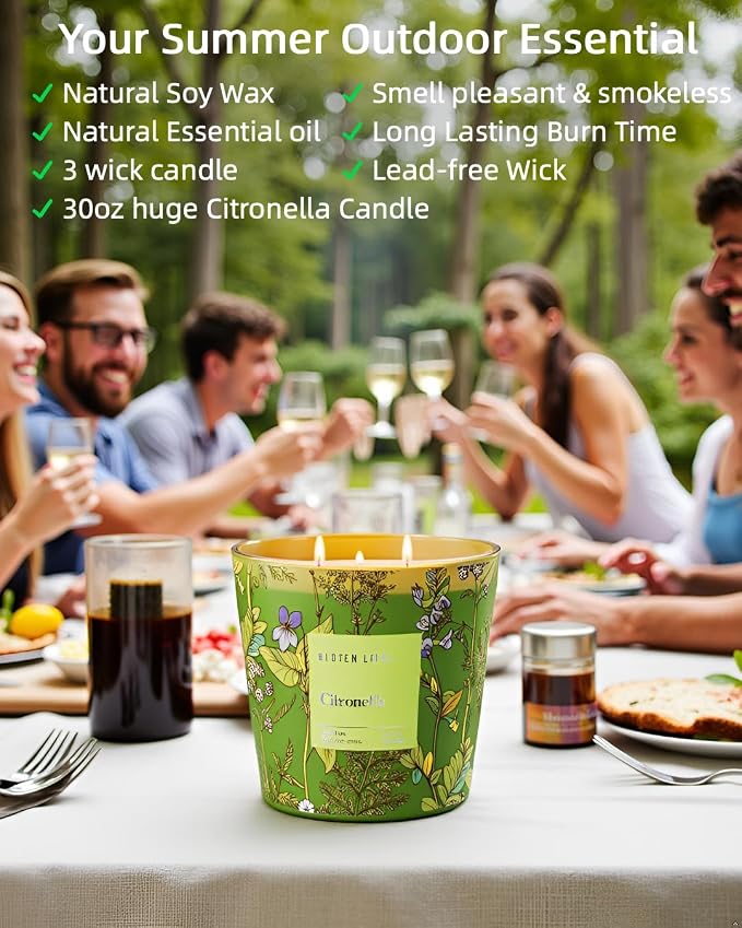 Citronella Candles Outdoor Large, 3-Wick / 30oz Large Soy Candle, Long Lasting Highly Scented,Candle for Patio, Garden & Camping, Summer Camping Huge