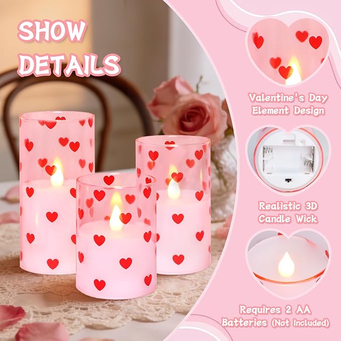 Love Flameless Candles with Remote Timer, Glass Battery Operated Candles, Pink Spray-Painted Heart LED Candles for Home Party Wedding Valentine's Day Decor Set of 3