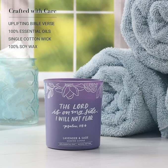 Christian Art Gifts Soy Wax Scented Candle: Lavender & Sage Scent, Psalm 118:6 Bible Verse, Pure Essential Oils, 4.5 oz, Up to 20 Hours Burn Time, Glass Jar w/Bamboo Lid, Encouragement Gift for Women