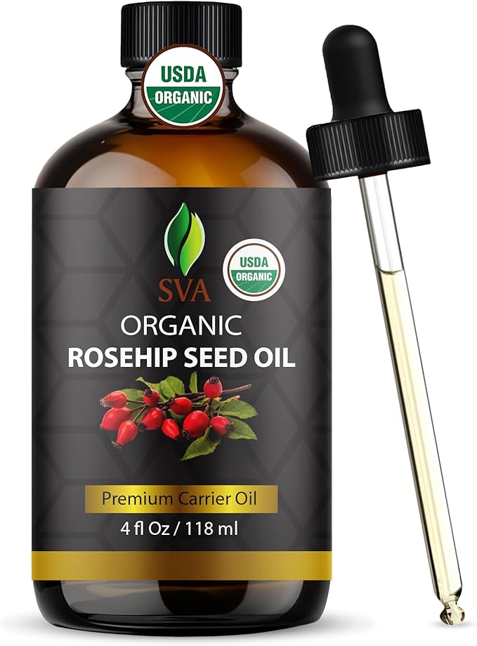 SVA Rosehip Seed Oil Organic - 4 Fl Oz – 100% Natural Cold Pressed Organic Rosehip Oil - for Face, Skin Care, Hair Care, Scalp Massage & Body Massage – Carrier Oil with Dropper