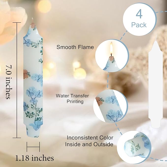 7 inch Short Candle Floral Candle Sticks Printed Candlestick Handmade Unscented Taper Candle 4 Pack Light Blue Flower Tapered Candles for Home Dinner Wedding Holiday