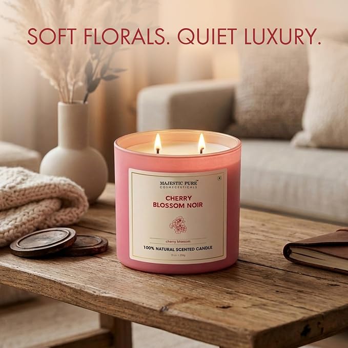Majestic Pure Candle Cherry Blossom, Natural Scented, 10oz | Large Jar, 45+ Hours Burn Time, Giftable
