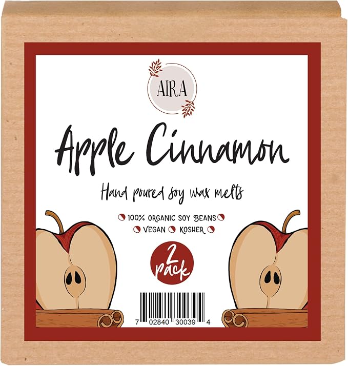 Aira Soy Wax Melt - Organic, Vegan, Kosher, Fall Scented Soy Wax Cubes w/Essential Oils - No Chemical 100% Soy Wax Melts for Electric/Tealight Melters - Hand-Poured Soy Tarts - Apple Cinnamon -2 Pack