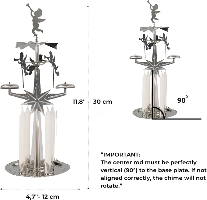 Original Swedish Angel Chimes and 4 Candles - Spinning Festive Chimes - Silver Color