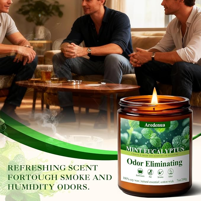 Mint Eucalyptus Odor Eliminating Candles | Eliminates 95% of Pet, Smoke, Food & Other Smells – Air Freshing Scented Candles - Gifts for Women Men, 50 Hour Burn time - 7 oz Natural Soy Wax